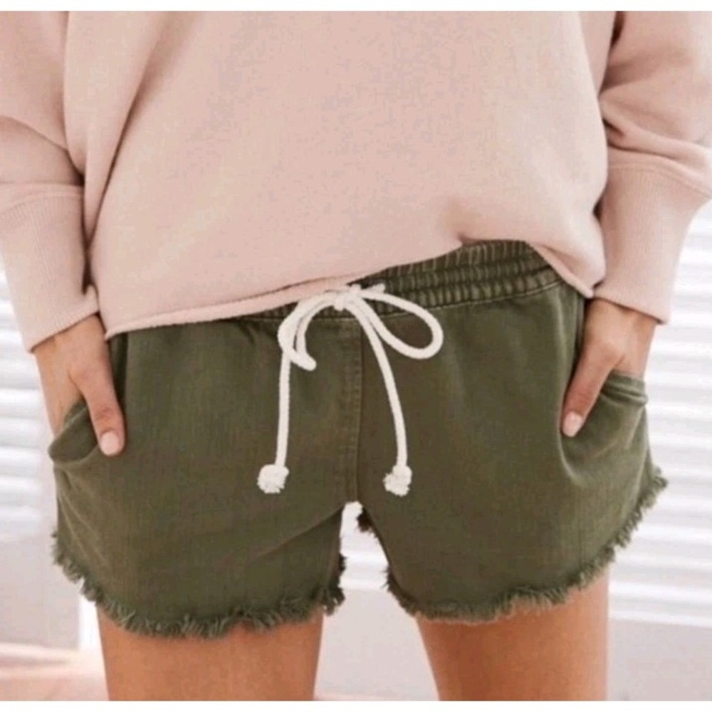 Aerie Lounge Beach Raw Hem Elastic Drawstring Cutoff Shorts Olive Green SZ M New